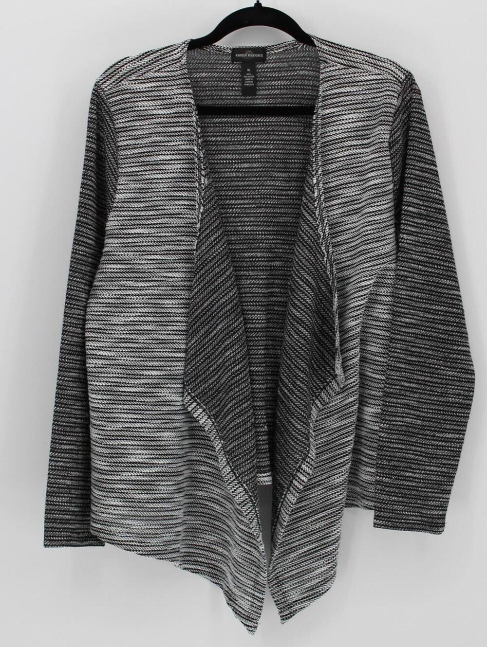 Karen Brooks XL Black White Textured Stripe Open Front Draped Waterfall Cardigan